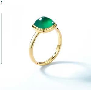 Detailed view of 18K gold plated ring featuring a square green agate with open band