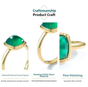 Detail view of square green agate on S925 silver ring with decorative beaded edges