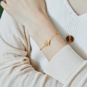 Elegant gold-plated S925 silver bracelet with geometric opal and hollow flower design