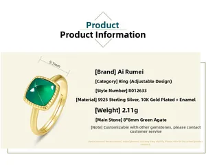 Detailed close-up of S925 silver 10K gold plated ring with square green agate stone