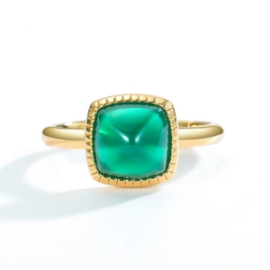 Minimalist gold S925 silver ring featuring a large square green agate gemstone on white back