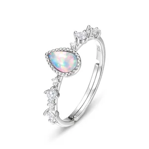 925 Sterling Silver Teardrop Synthetic Opal Open Ring Elegant Rhinestone Inlaid Adjustable Finger Jewelry Gift For Women