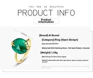 Detail showing s925 gold-plated ring specifications and 12x10mm green agate stone
