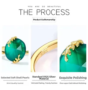 Macro detail of S925 silver green shell pearl ring with 10K gold plated leaf design