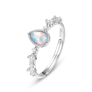 S925 sterling silver open ring with teardrop opal stone and sparkling white zircons