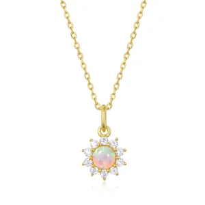 Collier Pendentif Fleur de Soleil en Argent Sterling S925 Avec Opale Synthétique Et Zirconia Incrusté Bijoux Plaqué Or Pour Femme