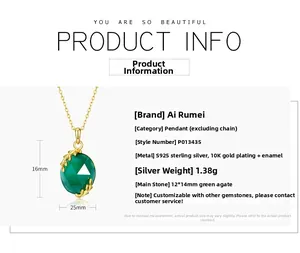 Detalles del colgante de ágata verde con dimensiones y especificaciones en plata 925 oro