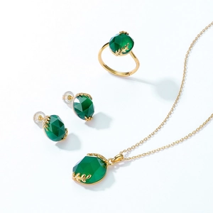 Parure élégante en argent s925 avec feuilles d'agate verte et détails dorés
