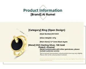 Detail view of S925 snake ring with black onyx stone and 10K gold plated finish