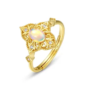 Bague en Argent Sterling 925 Plaquée Or 10K Opale Naturelle Vintage pour Femmes Rétro Ajourée Dentelle Zirconia Bague Ouverte Réglable