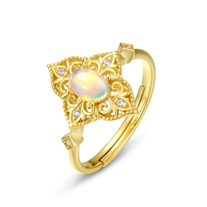 Bague vintage en argent S925 plaqué or 10K avec opale naturelle et détails dentelle