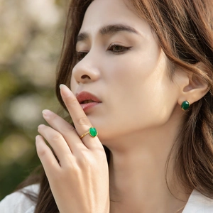 925 Sterling Silver Gold Plated Green Agate Ring Vintage Leaf Adjustable Open Finger Ring Botanical Jewelry For Women