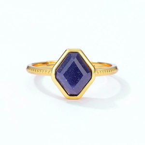 Minimalist S925 silver ring in gold with hexagonal blue lapis lazuli and milgrain band