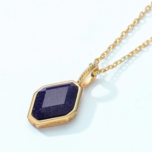 Vintage S925 silver necklace with hexagonal blue lapis stone pendant and gold O-chain