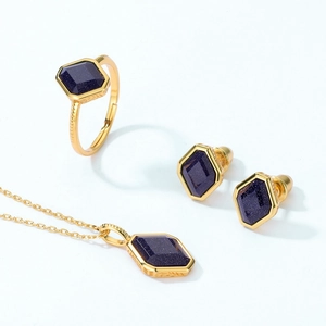 Lapis lazuli jewelry set with gold ring, earrings and necklace in S925 sterling silver