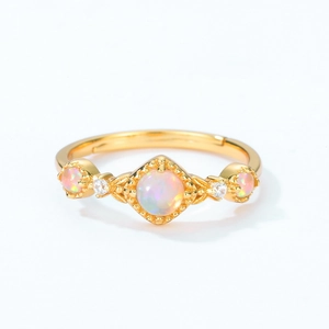 Vintage gold S925 silver ring with opal stones and ornate vine engraved band