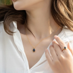 Japanese retro S925 silver necklace and ring set with blue geometric stone pendants