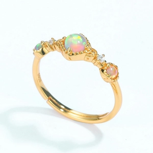 Elegant gold-plated S925 sterling silver ring with colorful opal stones and white diamonds