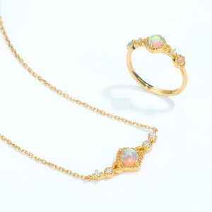 Elegant S925 sterling silver gold-plated opal necklace and ring set with zircons