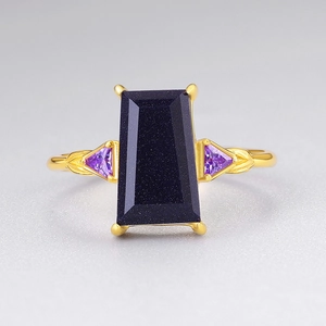 Minimalist geometric S925 silver ring with blue sand stone and purple crystals