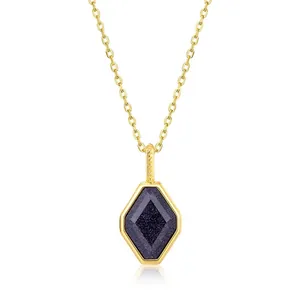 Vintage S925 Sterling Silver Lapis Lazuli Hexagon Pendant Necklace For Women Geometric Blue Stone Gold Plated Jewelry Gift