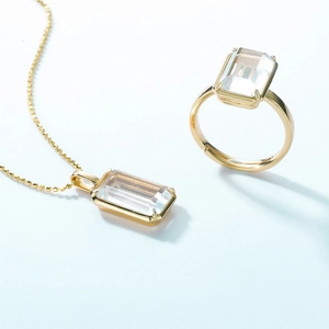 Minimalistisches geometrisches S925 Set aus Ring und Kette mit rechteckigem weißen Kristall