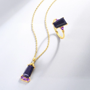 S925 silver jewelry set with blue goldstone rectangle pendant and matching ring
