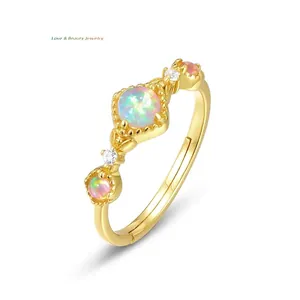 Elegant 925 Sterling Silver Adjustable Open Ring With Artificial Opal Rhinestone 10K Gold Plated Geometric Ring Jewelry For Women
