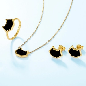 S925 silver 10K gold-plated cat head jewelry set with black geometric enamel detailing
