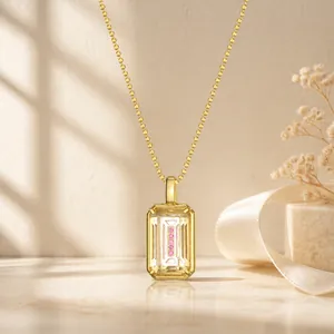 925 Sterlingsilber Smaragd-Schliff Weißer Kristall Moosachat Anhänger Kette Vergoldet Geometrischer Modeschmuck Für Damen