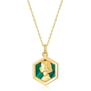 Vintage 925 silver necklace with hexagonal green malachite and queen portrait pendant