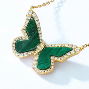 Elegant butterfly pendant necklace with green malachite texture and gold-plated S925 silver