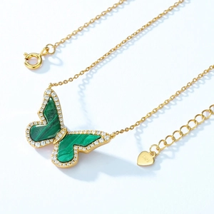 S925 sterling silver butterfly pendant necklace with malachite and white zircon stones