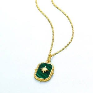 Gold 925 silver necklace with octagonal malachite pendant and centered golden star detail