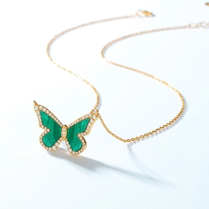 Elegant butterfly pendant necklace with green malachite wings and gold plated S925 silver