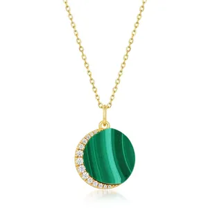 925 Sterling Silver Malachite Pendant Necklace Round Celestial Moon Zirconia Gold Plated Jewelry For Women
