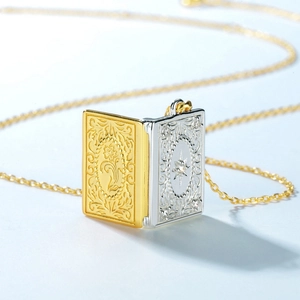 Retro S925 silver book locket necklace with vintage engravings and gold bicolor finish