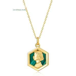 925 Sterling Silver Malachite Hexagon Queen Head Relief Pendant Necklace For Women Vintage Electroplated Jewelry Gift