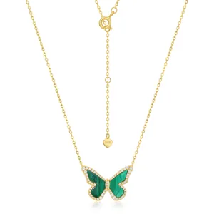 S925 Sterling Silver Butterfly Pendant Necklace With Malachite And Rhinestone Gold Plated Jewelry For Women Elegant Gift