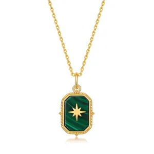 925 Sterling Silver Malachite Pendant Necklace For Women Retro Geometric Square Malachite Star Charm Necklace Gold Plated Jewelry Gift