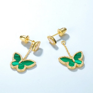 Elegant gold S925 silver butterfly drop earrings with green malachite and zircons