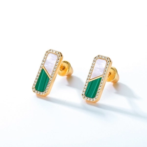 S925 silver geometric square earrings with malachite and white shell inlay accents