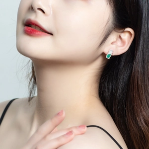 S925 silver geometric square malachite stud earrings with white shell and micro-inlays