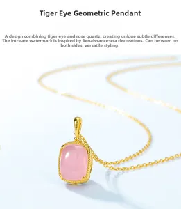 Detail showing S925 hallmark on gold-plated square rose quartz and tiger eye pendant