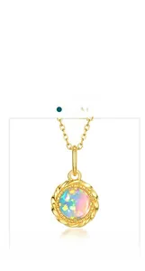 Detail of 18K gold-plated opal pendant necklace featuring a delicate rope border