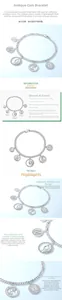 Detailed close-up of retro silver-plated copper bracelet with embossed coin pendants