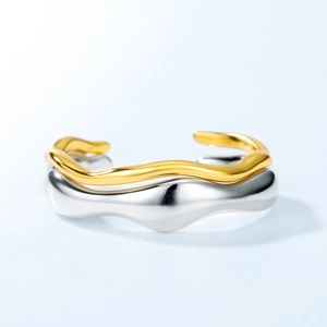 Modern minimalist wavy open ring with two-tone gold and silver irregular double layers
