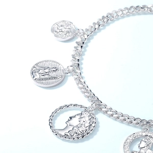 French vintage silver coin charm bracelet with detailed relief portraits and link chain