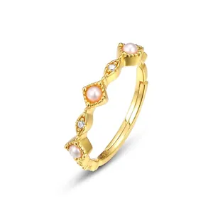 Japanese Elegant 925 Sterling Silver Ring 10K Gold Plated Freshwater Pearl Zirconia Adjustable Wave Open Ring For Women Jewelry