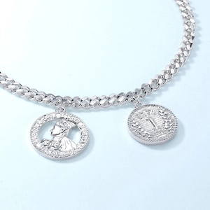 French vintage silver plated bracelet with relief coin charms and classic cuban chain